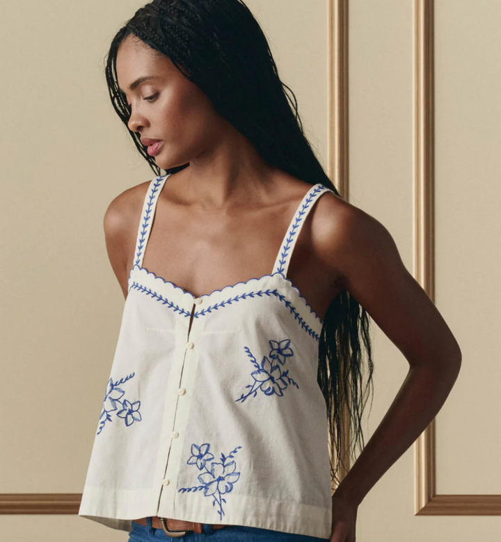 THE GREAT - The Weekend Tank with Hanky Embroidery in Cream Tank Top