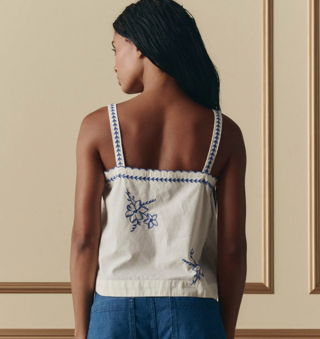 THE GREAT - The Weekend Tank with Hanky Embroidery in Cream Tank Top