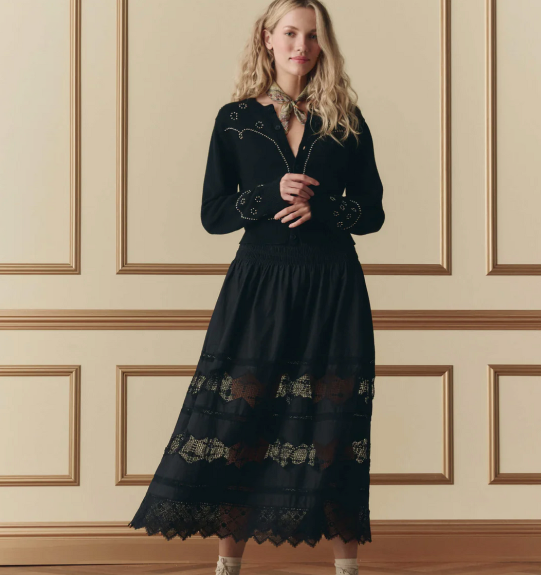 THE GREAT - The Rosette Crochet Canary Skirt in Black Skirts