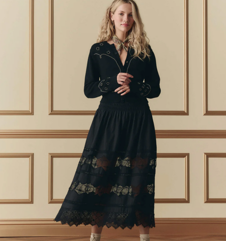 THE GREAT - The Rosette Crochet Canary Skirt in Black Skirts