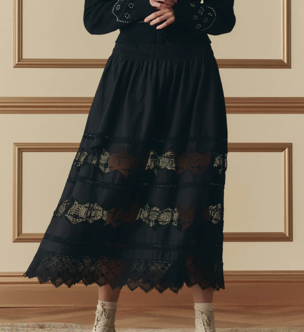 THE GREAT - The Rosette Crochet Canary Skirt in Black Skirts