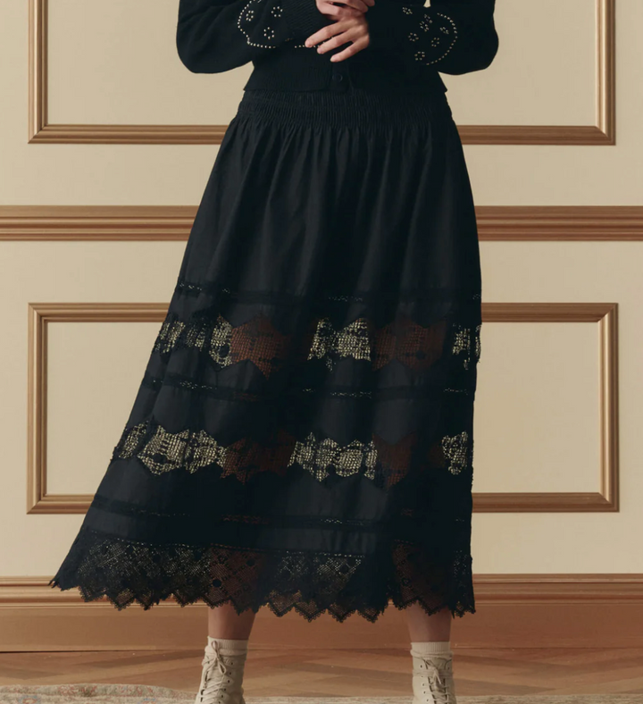 THE GREAT - The Rosette Crochet Canary Skirt in Black Skirts
