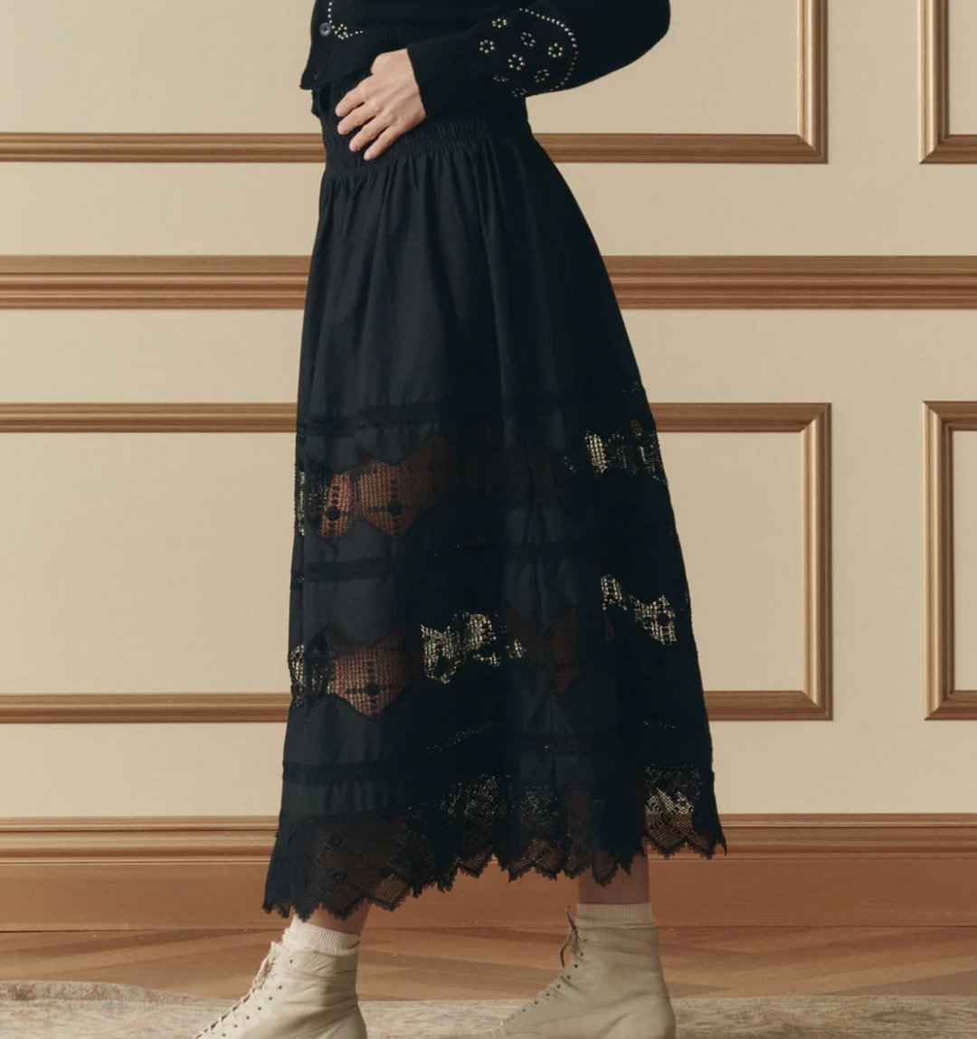 THE GREAT - The Rosette Crochet Canary Skirt in Black Skirts