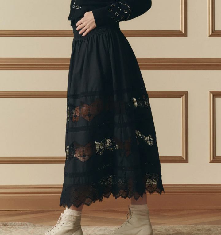 THE GREAT - The Rosette Crochet Canary Skirt in Black Skirts