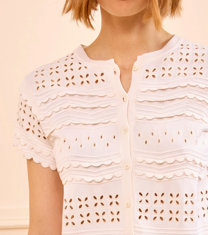 ULLA JOHNSON - Abriana Eyelet Knit Cardigan in Cowrie Blouse