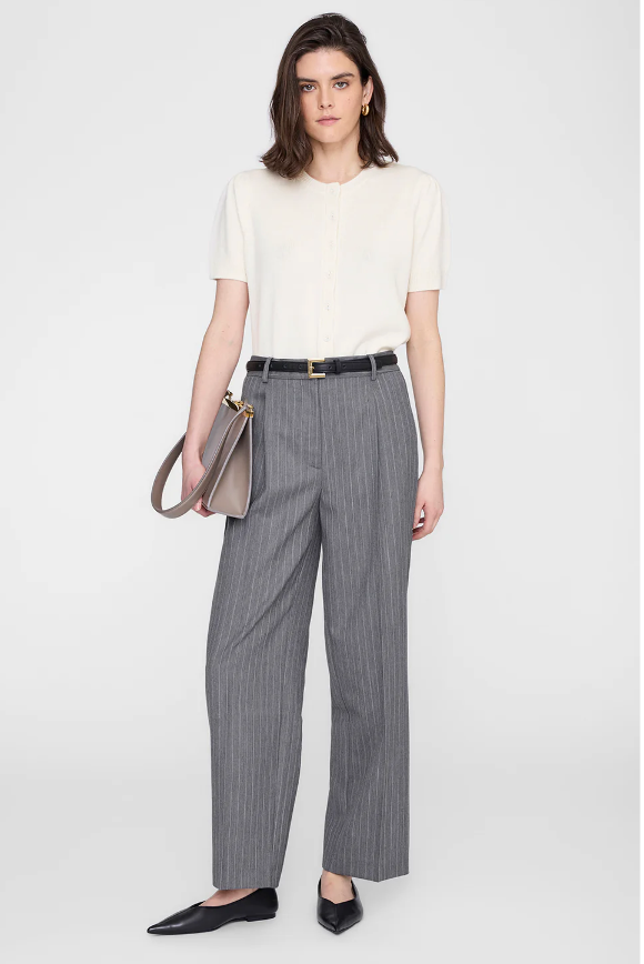 ANINE BING - Trent Cropped Trouser in Light Grey Pinstripe Trousers