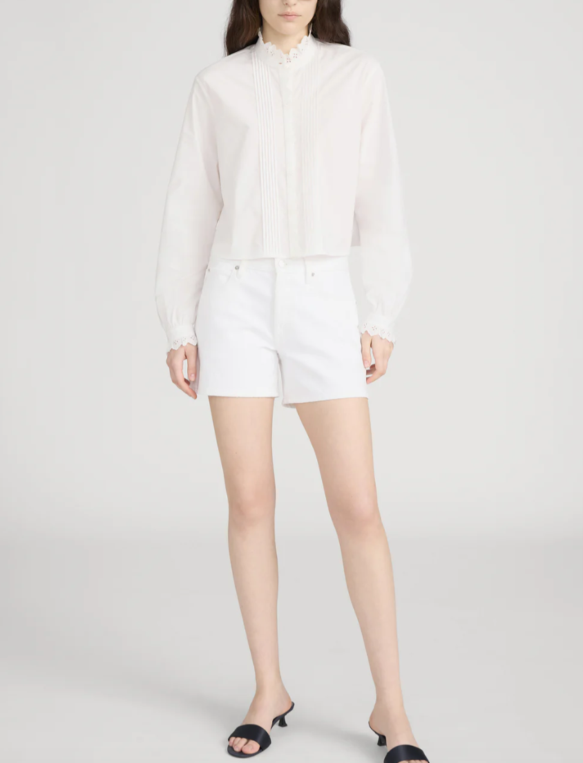 FRAME - The Long Hang Short In White Denim Shorts