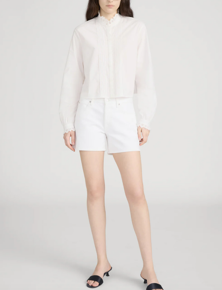 FRAME - The Long Hang Short In White Denim Shorts