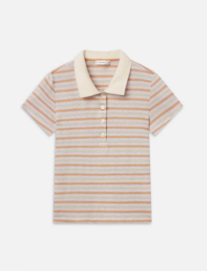 FRAME - The Striped Short Sleeve Polo in Pink Sand Multi Tops