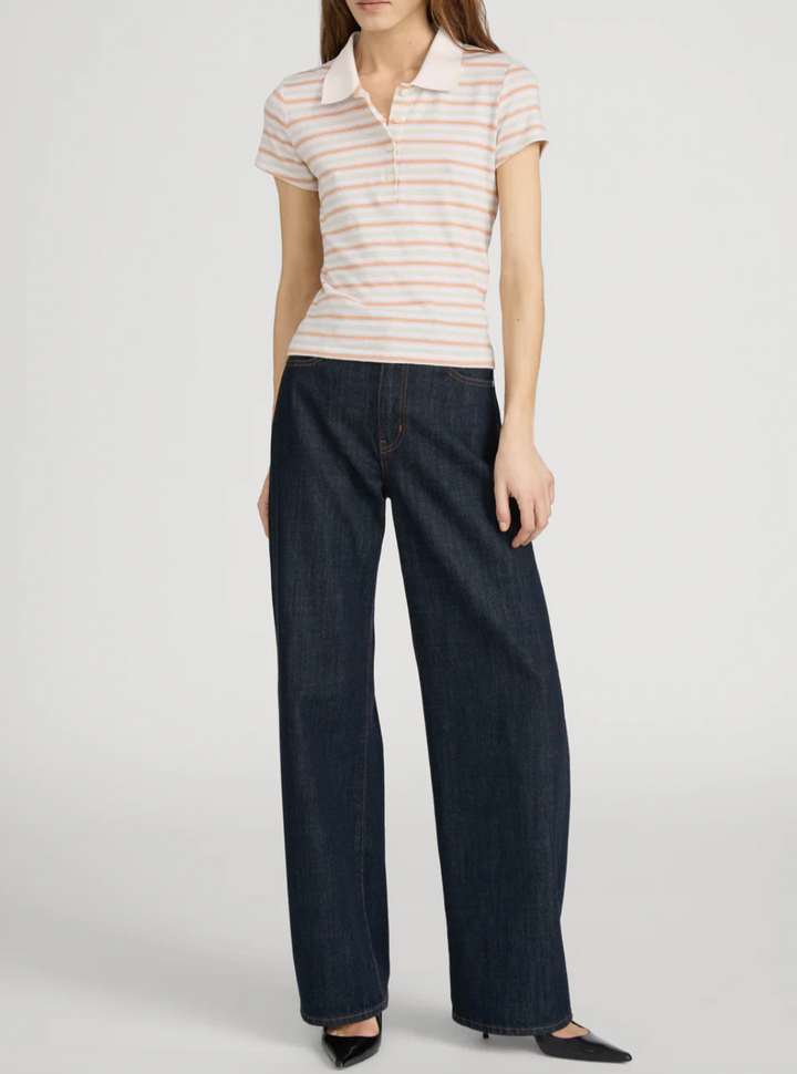FRAME - The Striped Short Sleeve Polo in Pink Sand Multi Tops