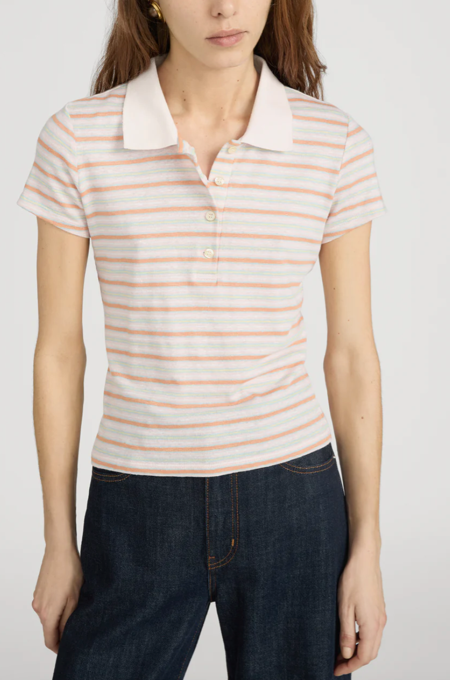 FRAME - The Striped Short Sleeve Polo in Pink Sand Multi Tops
