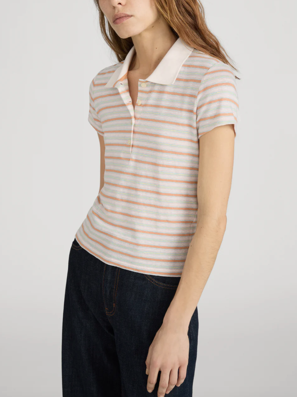 FRAME - The Striped Short Sleeve Polo in Pink Sand Multi Tops