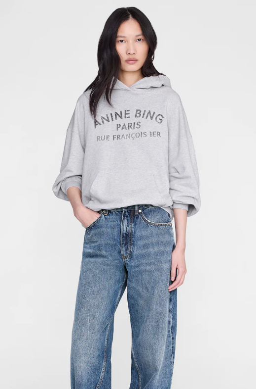 ANINE BING - Harvey Hoodie Paris Stencil in Heather Grey Sweatshirts