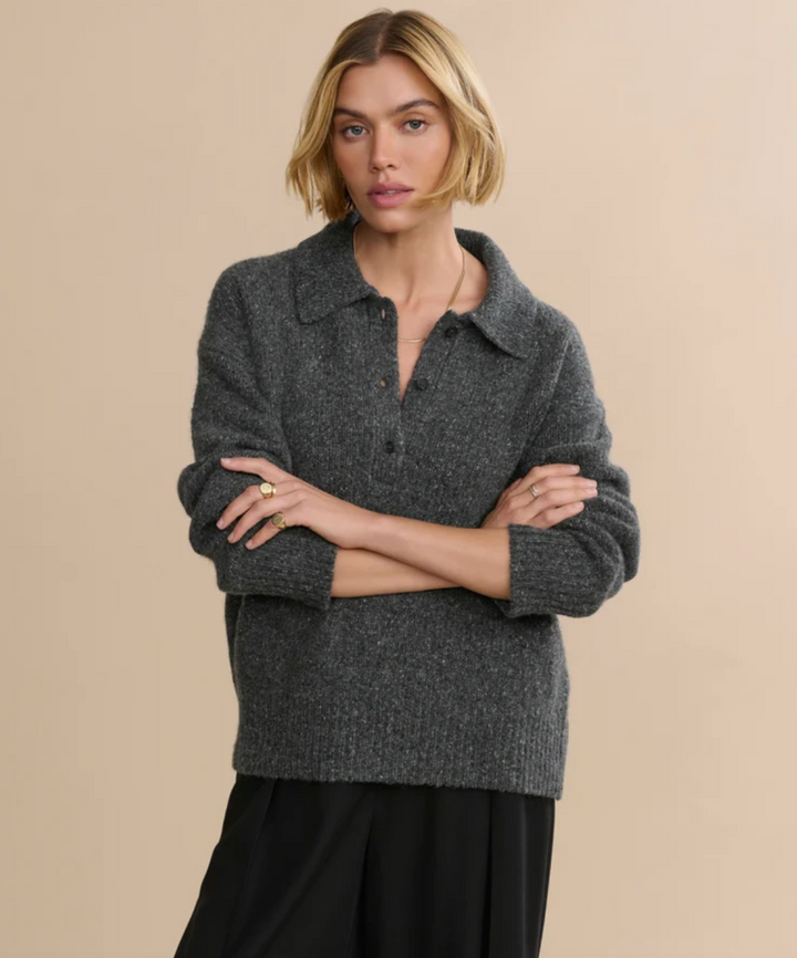 JENNI KAYNE - Cashmere Burke Polo Charcoal Donegal Sweaters