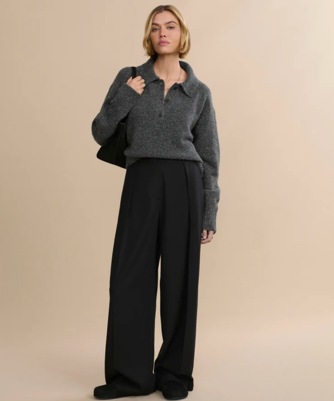 JENNI KAYNE - Cashmere Burke Polo Charcoal Donegal Sweaters