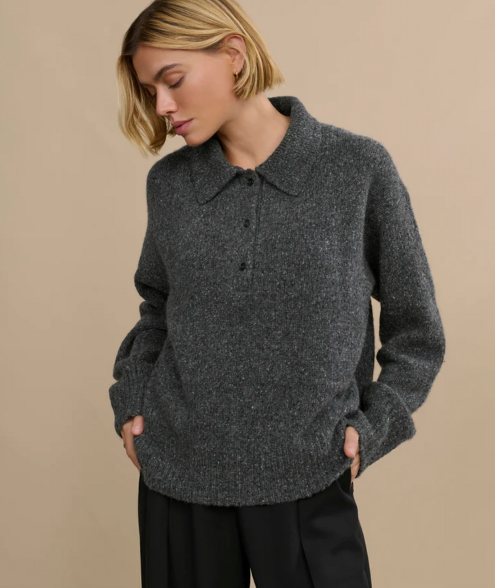 JENNI KAYNE - Cashmere Burke Polo Charcoal Donegal Sweaters