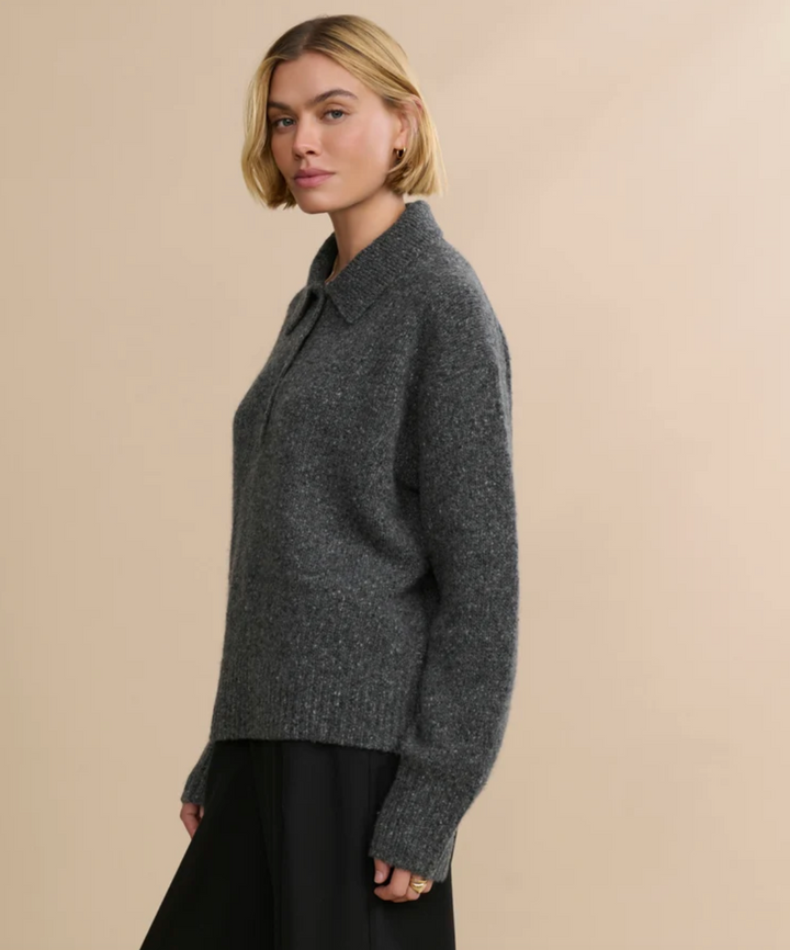 JENNI KAYNE - Cashmere Burke Polo Charcoal Donegal Sweaters