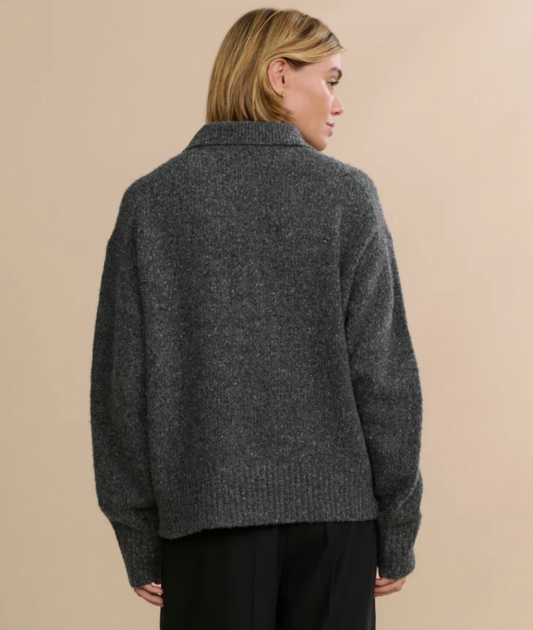 JENNI KAYNE - Cashmere Burke Polo Charcoal Donegal Sweaters