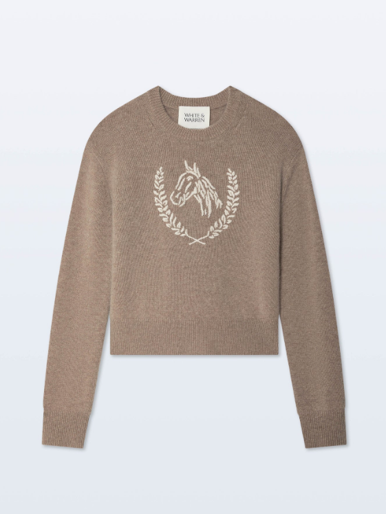 WHITE & WARREN - Cashmere Blend Horse Embroidered Crew in Misty Sweaters