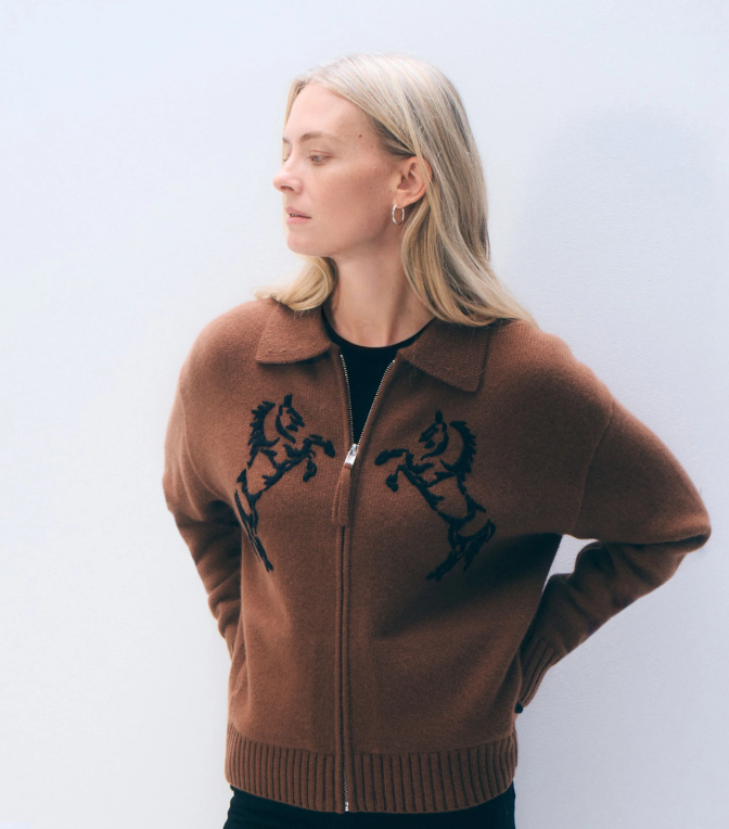 WHITE & WARREN - Cashmere Blend Horse Embroidered Bomber in Umber Sweaters