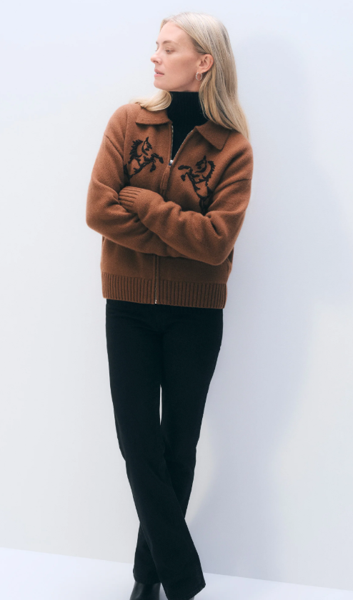 WHITE & WARREN - Cashmere Blend Horse Embroidered Bomber in Umber Sweaters