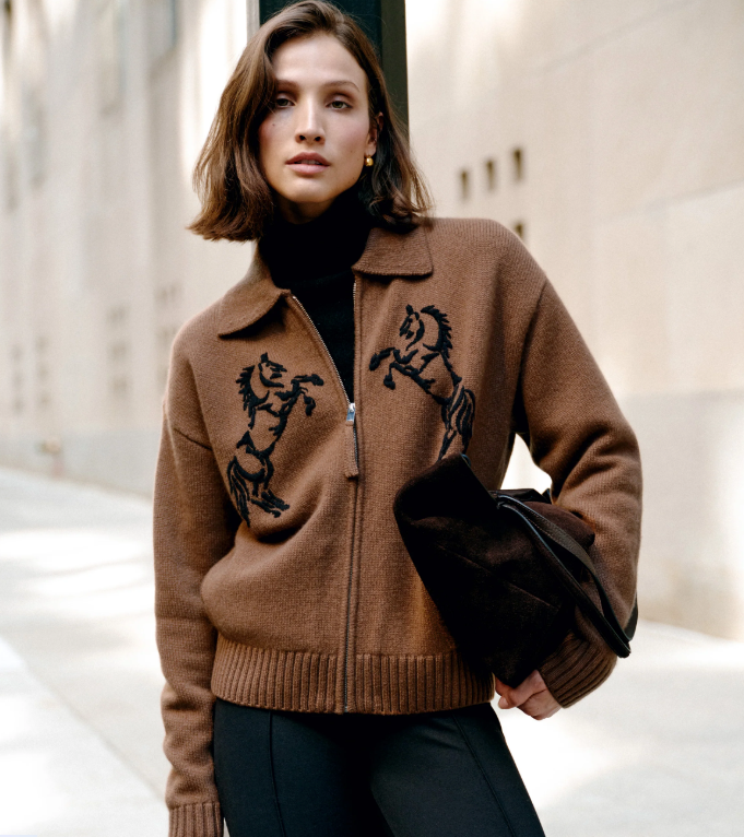 WHITE & WARREN - Cashmere Blend Horse Embroidered Bomber in Umber Sweaters