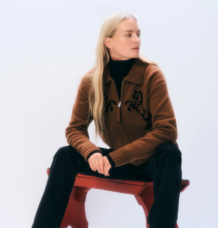 WHITE & WARREN - Cashmere Blend Horse Embroidered Bomber in Umber Sweaters