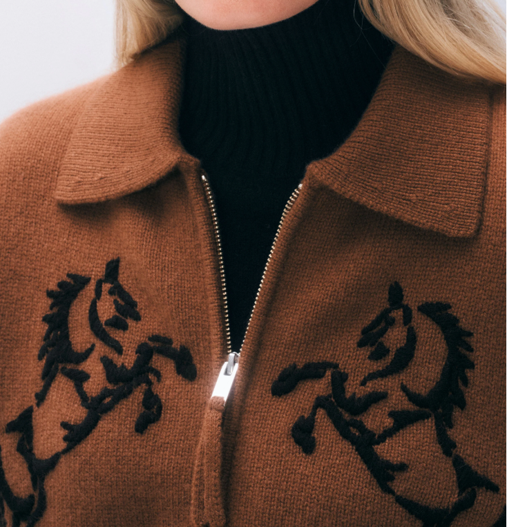 WHITE & WARREN - Cashmere Blend Horse Embroidered Bomber in Umber Sweaters