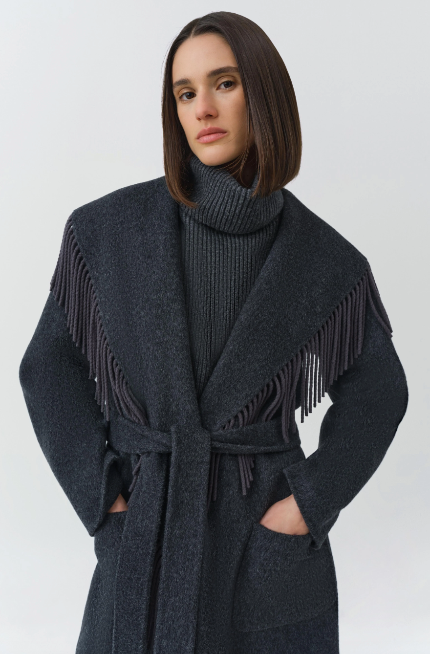 Simkhai - Carrie Fringe Robe Coat in Dark Charcoal Coats & Jackets
