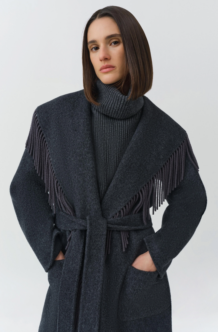 Simkhai - Carrie Fringe Robe Coat in Dark Charcoal Coats & Jackets