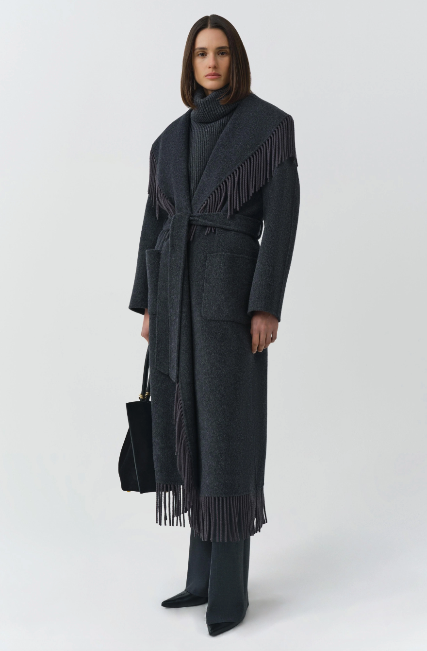 Simkhai - Carrie Fringe Robe Coat in Dark Charcoal Coats & Jackets
