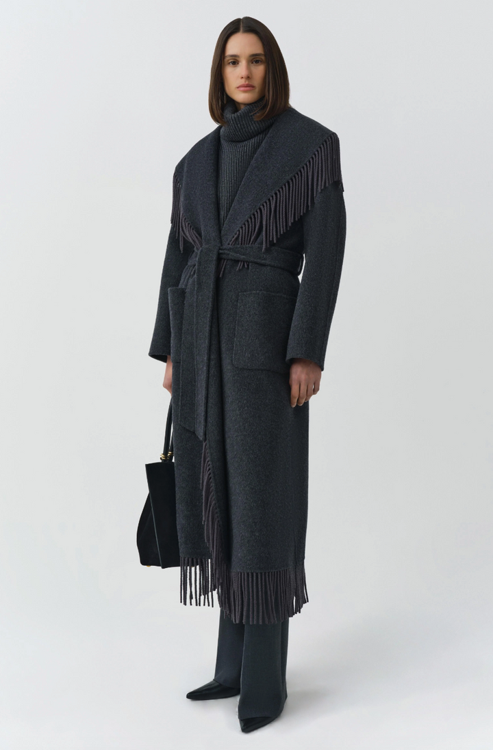 Simkhai - Carrie Fringe Robe Coat in Dark Charcoal Coats & Jackets