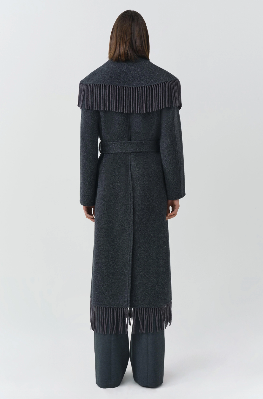 Simkhai - Carrie Fringe Robe Coat in Dark Charcoal Coats & Jackets