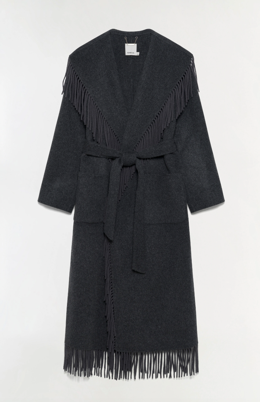Simkhai - Carrie Fringe Robe Coat in Dark Charcoal Coats & Jackets