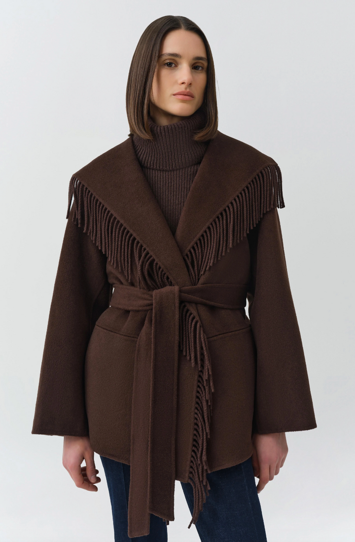 SIMKHAI - Rowen Fringe Jacket in Chocolate Coats & Jackets