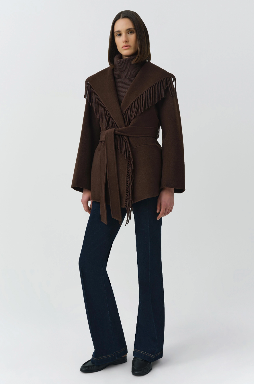 SIMKHAI - Rowen Fringe Jacket in Chocolate Coats & Jackets
