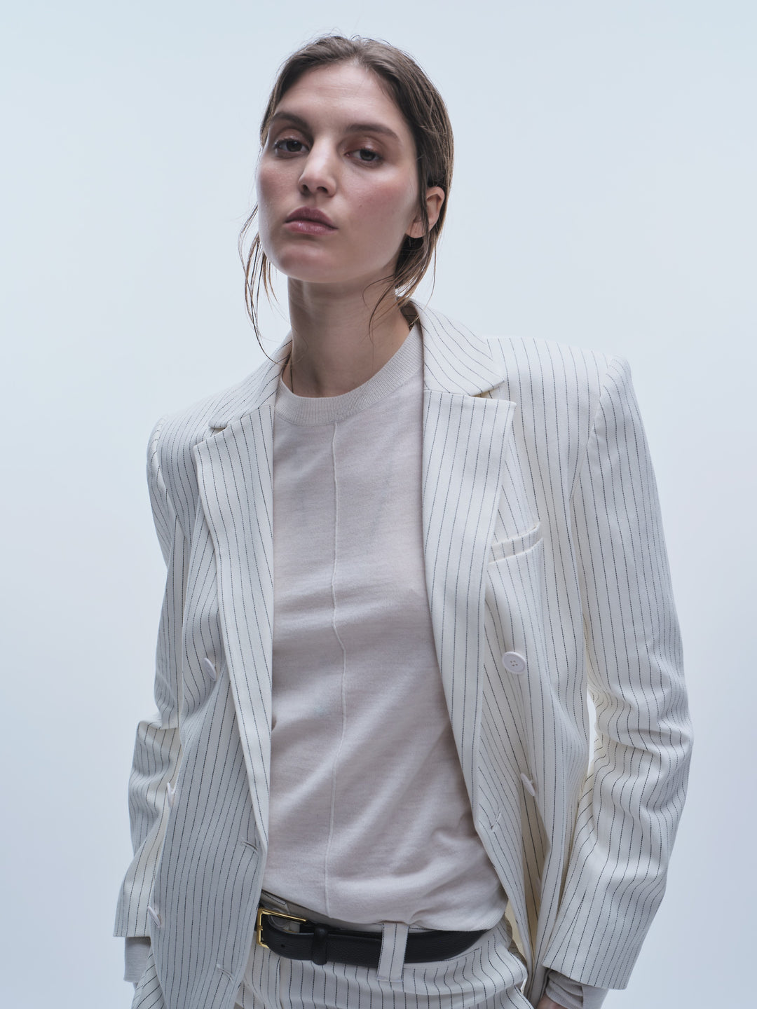 Saint Art New York - Shay Double Breasted Blazer in Ivory Denim Pinstripe