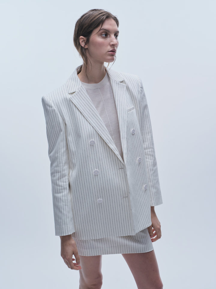Saint Art New York - Shay Double Breasted Blazer in Ivory Denim Pinstripe