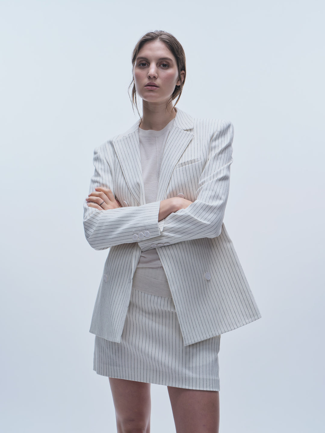 Saint Art New York - Shay Double Breasted Blazer in Ivory Denim Pinstripe