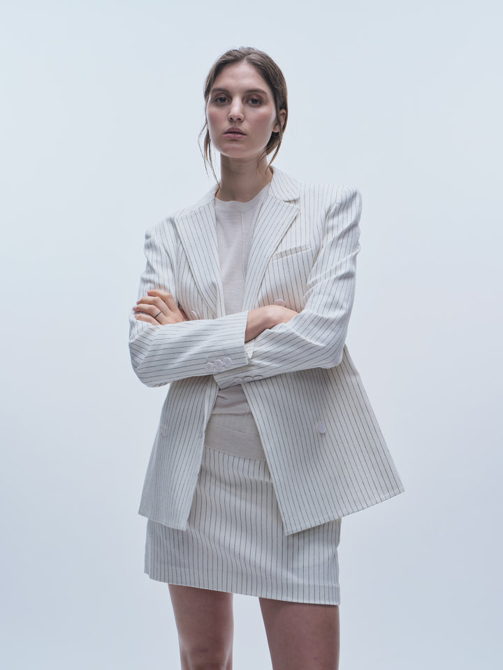 Saint Art New York - Thea Mini Skirt in Ivory Denim Pinstripe