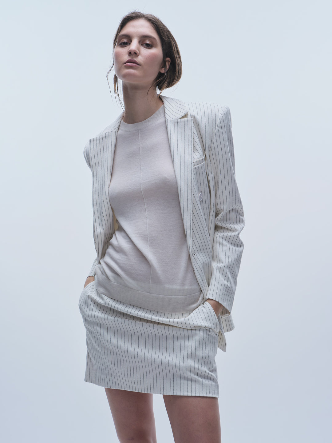 Saint Art New York - Thea Mini Skirt in Ivory Denim Pinstripe