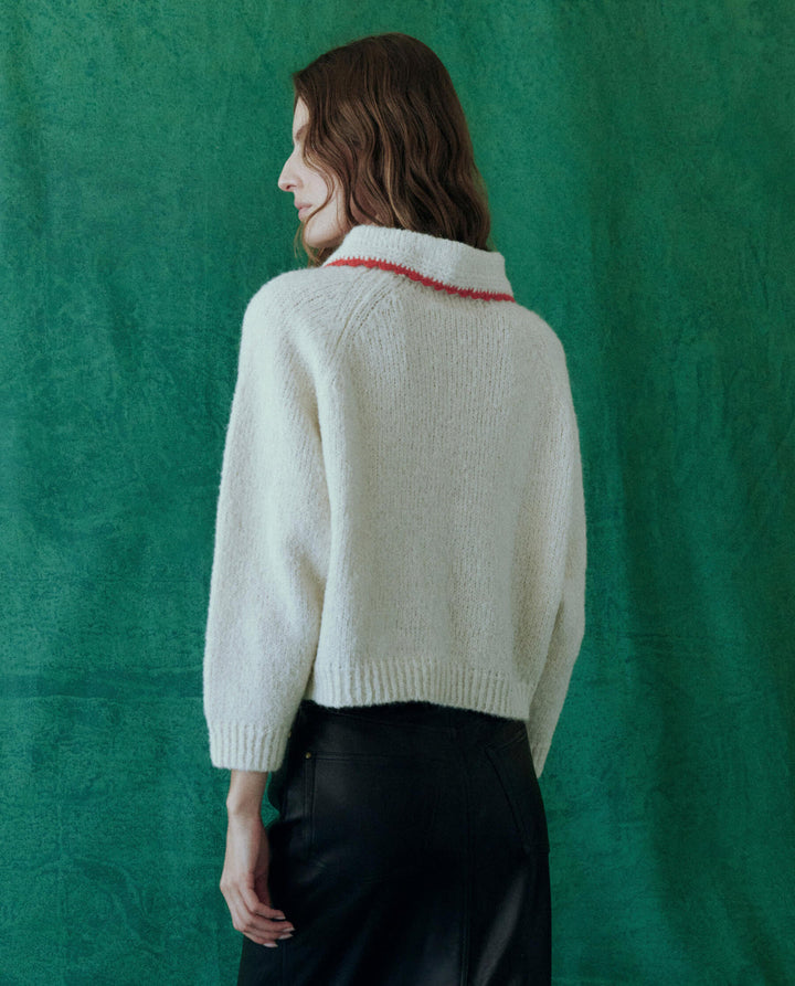 The Great - Crochet Collar Pullover Sweater in Soft White W/ Cherry