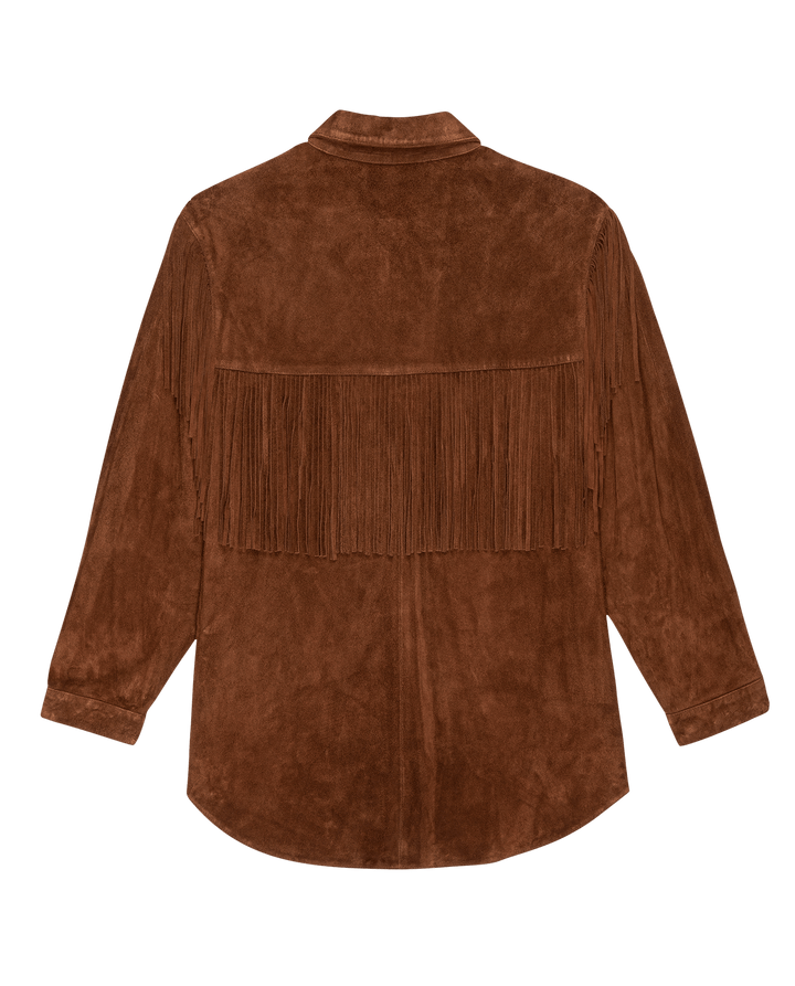 The Great - Suede Fringe Shirt Jacket in Cognac