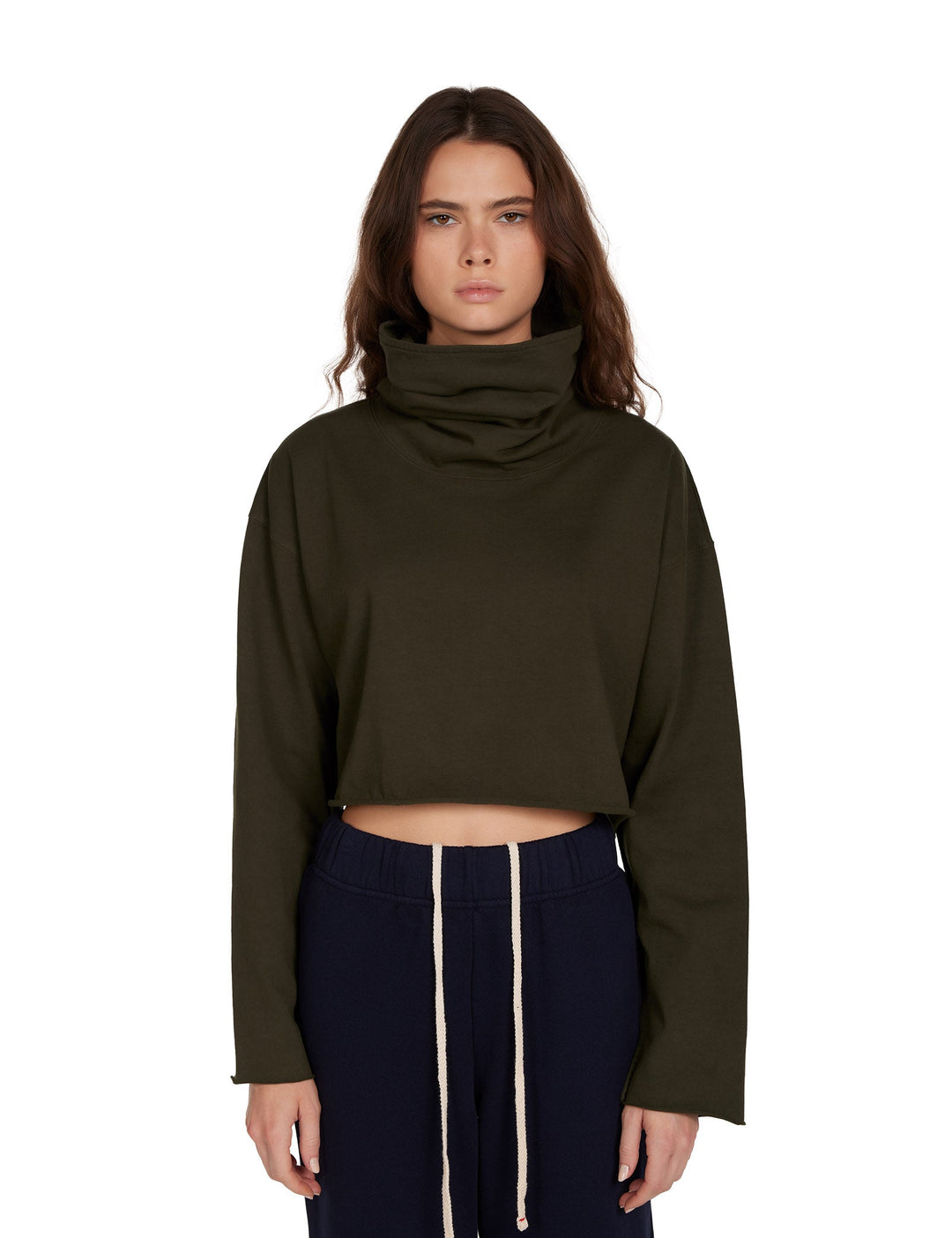 Les Tien - Coreena Cropped Cowl Neck Sweater in Washed Forest