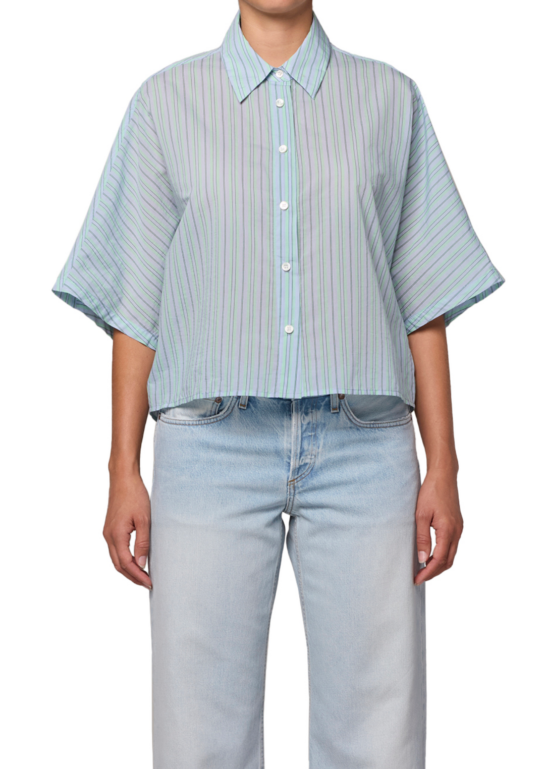 AGOLDE - Merrin Shirt in Wirrel Stripe Powder Blue and Mint Button Up Shirt