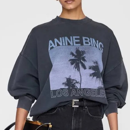 ANINE BING - Miles Sweatshirt Palms in Washed Grey Graphic Sweatshirt