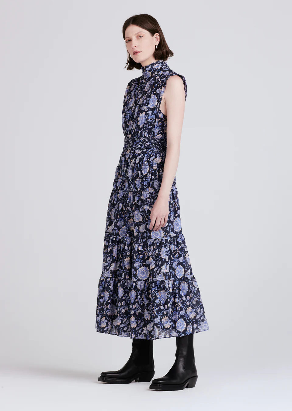 Derek Lam 10 Crosby - Junia Rouched Sleeveless Midi Dress in Navy Multi Dress
