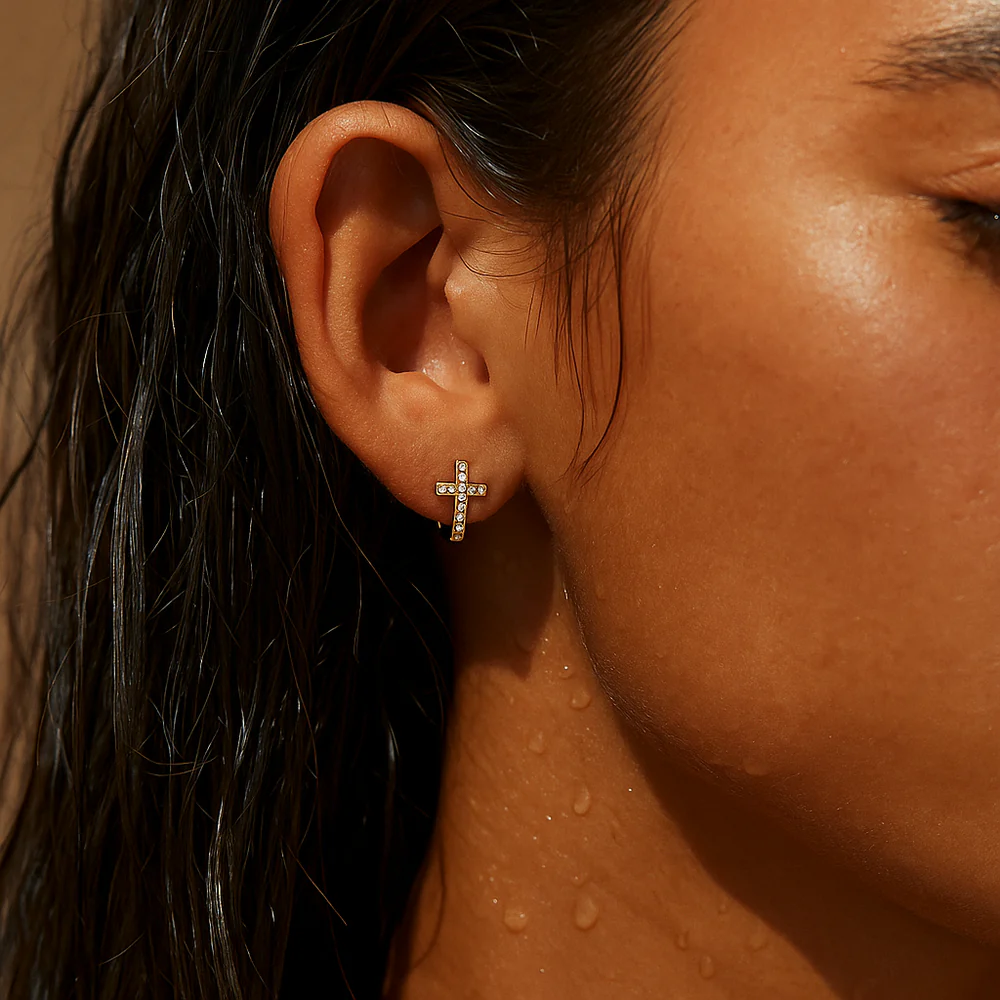 ELLIE VAIL - Ridge Cross Huggie Hoop Earring in Gold Jewelry