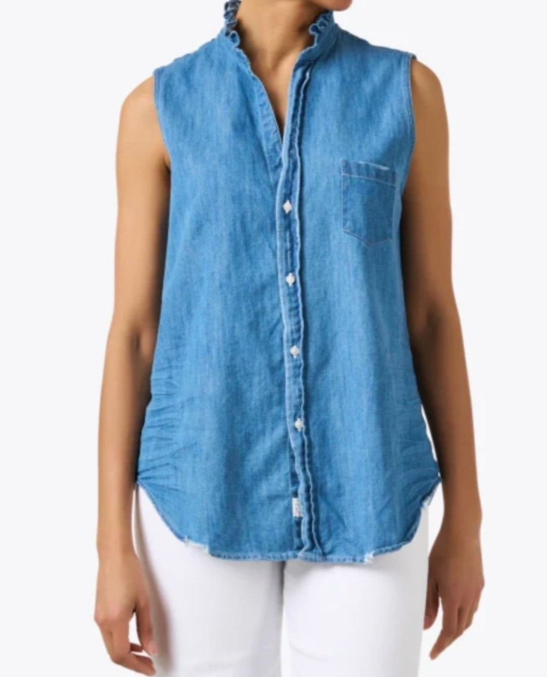 Frank & Eileen - Ruffle Fiona Sleeveless Button up Shirt in Vintage Stonewash Indigo