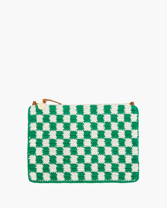Clare V. - Flat Clutch w/tabs in Sea Green & Cream Mini Crochet Checker